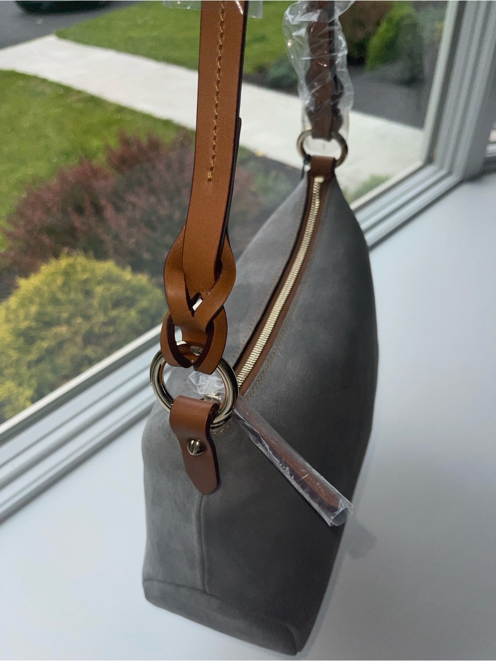 Dooney & Bourke Gray Suede Chloe 30 Shoulder Bag with Brown Leather Strap NWT - Picture 8 of 11